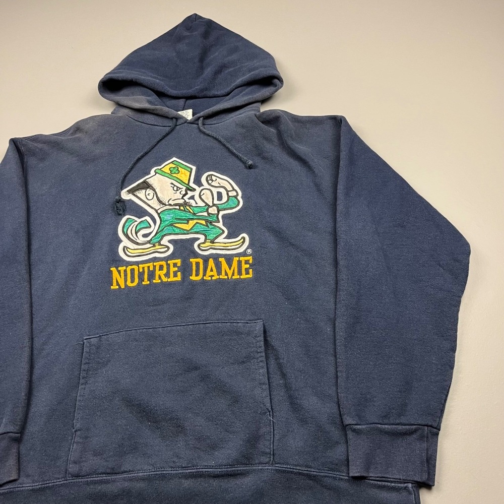 Nutmeg Mills Notre Dame Hoodie Mens Large Navy Blue Vintage 90s Leprechaun USA